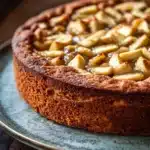 Apple cake with apple pie filling - the image is a close-up of a round cake on a blue plate. the cake appears to be freshly baked and has a golden brown crust on top. on top of the cake, there are small pieces of caramelized apples arranged in a circular pattern. the apples are golden brown and appear to be caramelized. the plate is sitting on a wooden table with a dark background. the overall mood of the image is warm and inviting.