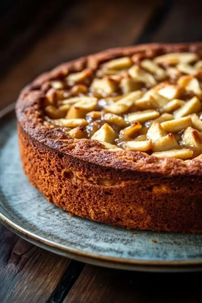 Apple cake with apple pie filling - the image is a close-up of a round cake on a blue plate. the cake appears to be freshly baked and has a golden brown crust on top. on top of the cake, there are small pieces of caramelized apples arranged in a circular pattern. the apples are golden brown and appear to be caramelized. the plate is sitting on a wooden table with a dark background. the overall mood of the image is warm and inviting.