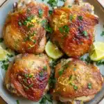 Baked chicken thighs lemon garlic - the image shows a plate of grilled chicken drumsticks. the drumsticks are golden brown and appear to be seasoned with herbs and spices. they are arranged in a circular pattern on the plate, with two lemon wedges on either side. the plate is light blue and has a textured surface. the background is a wooden table.