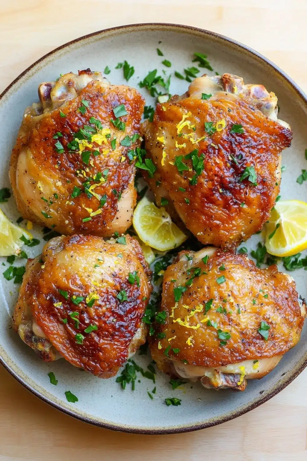 Baked chicken thighs lemon garlic - the image shows a plate of grilled chicken drumsticks. the drumsticks are golden brown and appear to be seasoned with herbs and spices. they are arranged in a circular pattern on the plate, with two lemon wedges on either side. the plate is light blue and has a textured surface. the background is a wooden table.