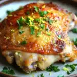 Baked chicken thighs lemon garlic - the image shows a close-up of a piece of grilled chicken on a brown plate. the chicken is golden brown and appears to be seasoned with herbs and spices. the top of the chicken is covered in a layer of orange-colored sauce, which is drizzled over the top. the sauce is garnished with chopped parsley, adding a pop of green color to the dish. the plate is sitting on a wooden table, and the background is blurred, making the chicken the focal point of the image.