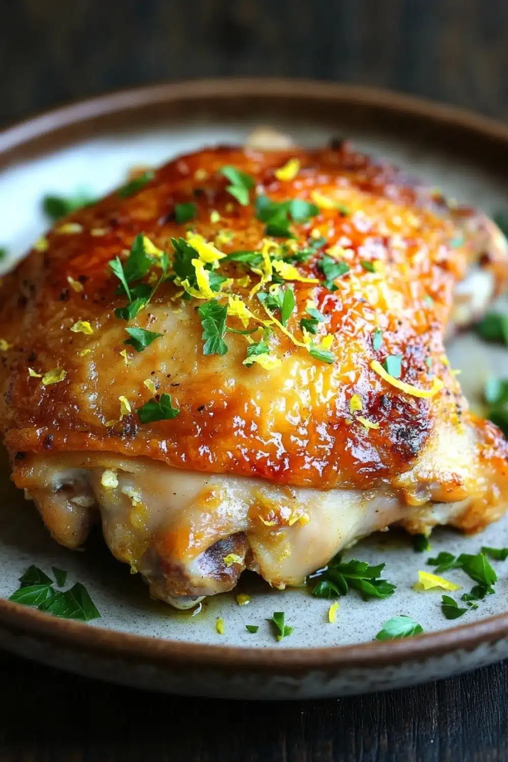 Baked chicken thighs lemon garlic - the image shows a close-up of a piece of grilled chicken on a brown plate. the chicken is golden brown and appears to be seasoned with herbs and spices. the top of the chicken is covered in a layer of orange-colored sauce, which is drizzled over the top. the sauce is garnished with chopped parsley, adding a pop of green color to the dish. the plate is sitting on a wooden table, and the background is blurred, making the chicken the focal point of the image.