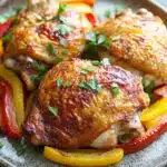 Baked chicken thighs peppers and onions - the image shows a plate of grilled chicken with red and yellow bell peppers. the chicken is golden brown and appears to be seasoned with herbs and spices. the peppers are cut into thin slices and are arranged in a circular pattern on the plate. the plate is made of a light-colored ceramic with a speckled pattern. the background is a dark grey countertop.
