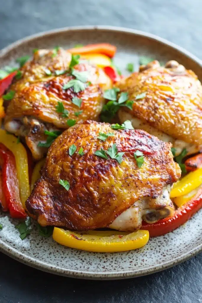 Baked chicken thighs peppers and onions - the image shows a plate of grilled chicken with red and yellow bell peppers. the chicken is golden brown and appears to be seasoned with herbs and spices. the peppers are cut into thin slices and are arranged in a circular pattern on the plate. the plate is made of a light-colored ceramic with a speckled pattern. the background is a dark grey countertop.