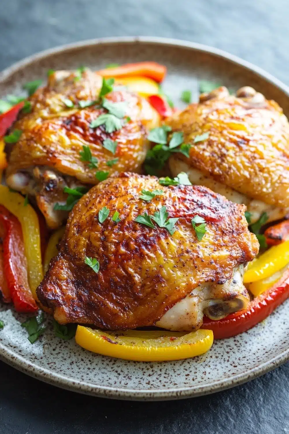 Baked chicken thighs peppers and onions - the image shows a plate of grilled chicken with red and yellow bell peppers. the chicken is golden brown and appears to be seasoned with herbs and spices. the peppers are cut into thin slices and are arranged in a circular pattern on the plate. the plate is made of a light-colored ceramic with a speckled pattern. the background is a dark grey countertop.