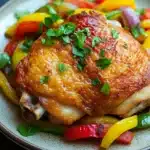 Baked chicken thighs peppers and onions - the image shows a plate of food with a large piece of grilled chicken on it. the chicken is golden brown and appears to be seasoned with herbs and spices. the plate is white with a speckled pattern and is placed on a dark blue tablecloth. on top of the chicken, there is a bed of colorful bell peppers and onions. the peppers are yellow, red, and green, and the onions are red and yellow. the dish is garnished with a sprig of fresh parsley.