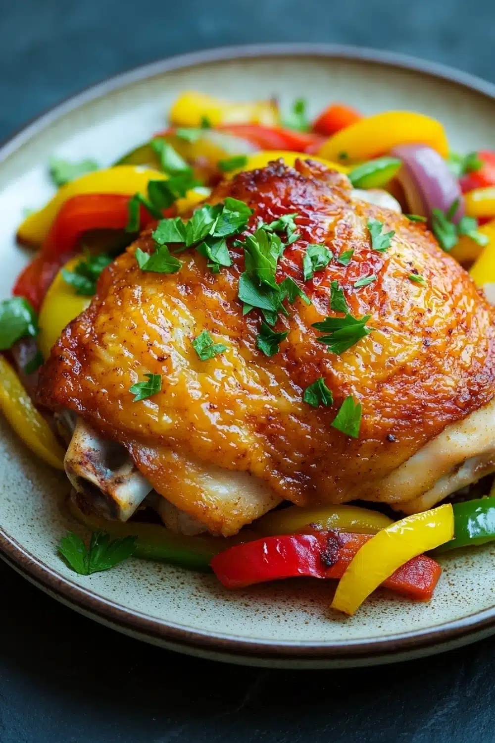 Baked chicken thighs peppers and onions - the image shows a plate of food with a large piece of grilled chicken on it. the chicken is golden brown and appears to be seasoned with herbs and spices. the plate is white with a speckled pattern and is placed on a dark blue tablecloth. on top of the chicken, there is a bed of colorful bell peppers and onions. the peppers are yellow, red, and green, and the onions are red and yellow. the dish is garnished with a sprig of fresh parsley.