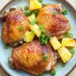 Baked chicken thighs pineapple - the image shows a plate of cooked chicken drumsticks on a light blue plate. the drumsticks are golden brown and appear to be seasoned with herbs and spices. they are garnished with sliced pineapples and chopped green onions. the plate is sitting on a wooden table.