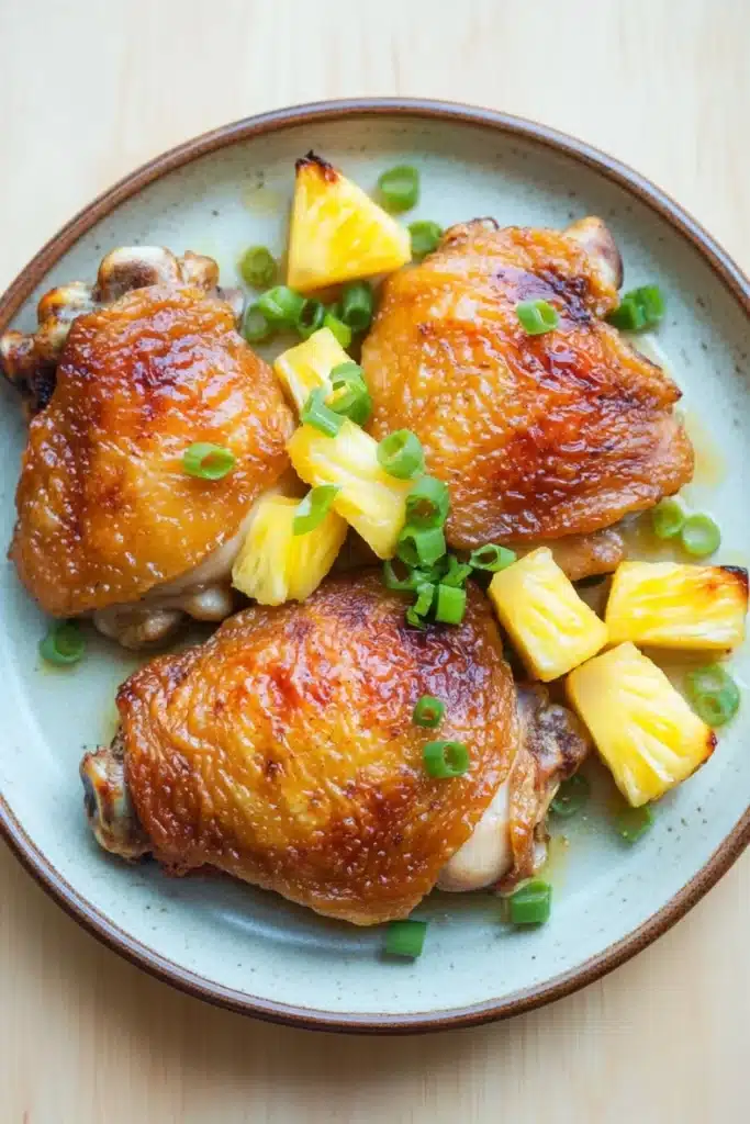 Baked chicken thighs pineapple - the image shows a plate of cooked chicken drumsticks on a light blue plate. the drumsticks are golden brown and appear to be seasoned with herbs and spices. they are garnished with sliced pineapples and chopped green onions. the plate is sitting on a wooden table.