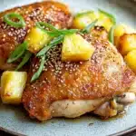 Baked chicken thighs pineapple - the image shows a plate of food with two pieces of chicken covered in sesame seeds. the chicken appears to be cooked and has a golden brown color. on top of the chicken, there are small pieces of pineapple and green onions scattered around. the plate is white with a speckled pattern. the background is dark, making the food stand out.
