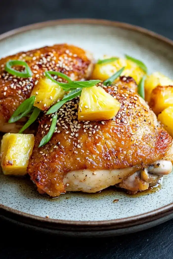 Baked chicken thighs pineapple - the image shows a plate of food with two pieces of chicken covered in sesame seeds. the chicken appears to be cooked and has a golden brown color. on top of the chicken, there are small pieces of pineapple and green onions scattered around. the plate is white with a speckled pattern. the background is dark, making the food stand out.