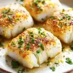 Baked cod in lemon butter sauce - the image shows a plate of four scallops on a white plate. the scallop shells are golden brown and appear to be seasoned with herbs and spices. the plate is garnished with a sprig of parsley. the background is blurred, but it appears to be a kitchen countertop. the overall presentation of the dish is elegant and appetizing.