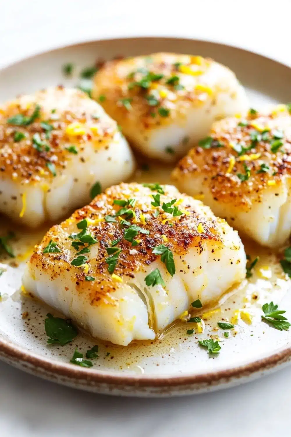 Baked cod in lemon butter sauce - the image shows a plate of four scallops on a white plate. the scallop shells are golden brown and appear to be seasoned with herbs and spices. the plate is garnished with a sprig of parsley. the background is blurred, but it appears to be a kitchen countertop. the overall presentation of the dish is elegant and appetizing.