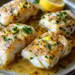Baked cod in lemon butter sauce - the image shows a plate of cooked fish fillets on a wooden table. the fillets are golden brown and appear to be seasoned with herbs and spices. they are arranged in a circular pattern on the plate, with a slice of lemon on the side. the plate is garnished with a sprig of parsley. the background is blurred, but it appears to be a rustic kitchen countertop.