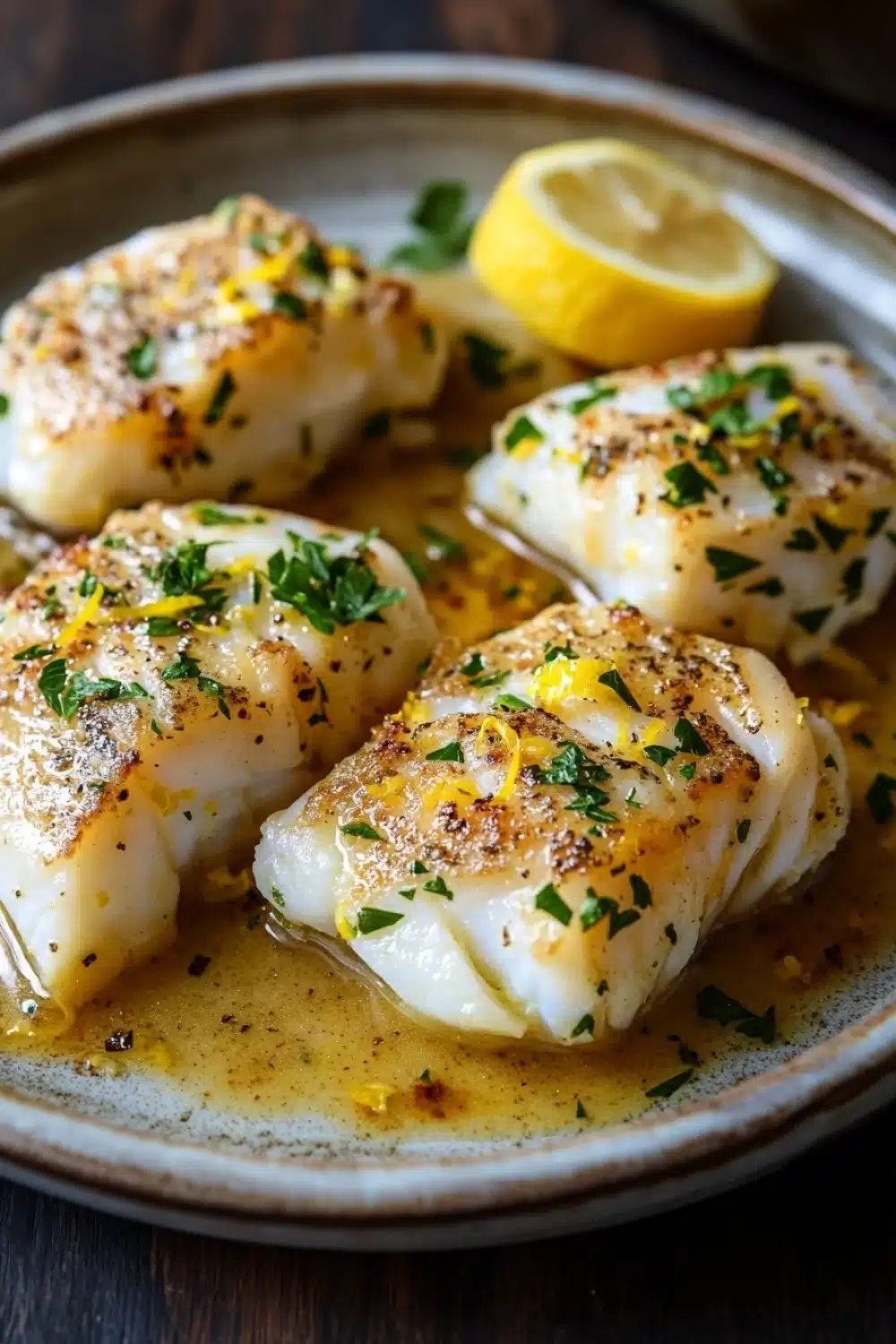 Baked cod in lemon butter sauce - the image shows a plate of cooked fish fillets on a wooden table. the fillets are golden brown and appear to be seasoned with herbs and spices. they are arranged in a circular pattern on the plate, with a slice of lemon on the side. the plate is garnished with a sprig of parsley. the background is blurred, but it appears to be a rustic kitchen countertop.