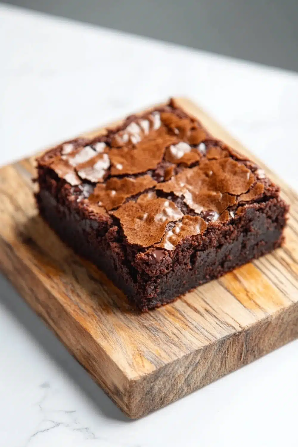 Banana bread brownies - the image shows a rectangular piece of chocolate cake on a wooden cutting board. the cake appears to be freshly baked and has a rich, dark brown color. the top of the cake is covered in a layer of chocolate frosting, which is drizzled with a light brown glaze. the cutting board is placed on a white marble countertop. the background is blurred, so the focus is on the cake.