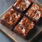 Banana bread brownies - the image shows four square brownies on a wooden cutting board. the brownies are arranged in a neat row and appear to be freshly baked. each brownie has a layer of chocolate chips on top, with a swirl of white chocolate on the sides. the chocolate chips are scattered throughout the brownies, adding a pop of color to the dish. the cutting board is placed on a dark grey textured surface, possibly a table or countertop.