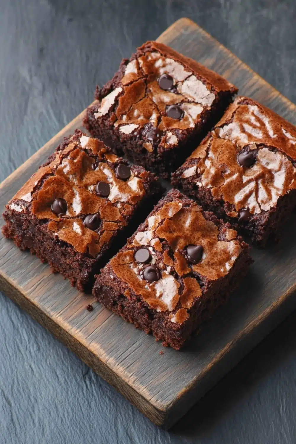 Banana bread brownies - the image shows four square brownies on a wooden cutting board. the brownies are arranged in a neat row and appear to be freshly baked. each brownie has a layer of chocolate chips on top, with a swirl of white chocolate on the sides. the chocolate chips are scattered throughout the brownies, adding a pop of color to the dish. the cutting board is placed on a dark grey textured surface, possibly a table or countertop.