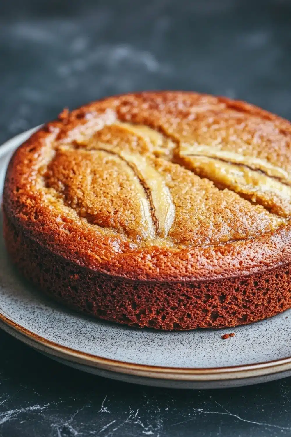 Banana cake in air fryer - the image is a close-up of a round cake on a white plate. the cake appears to be freshly baked and has a golden brown crust on top. it has a criss-cross pattern on the sides, with the top half of the cake being slightly darker than the bottom half. the plate is sitting on a dark grey countertop. the background is blurred, making the cake the focal point of the image.