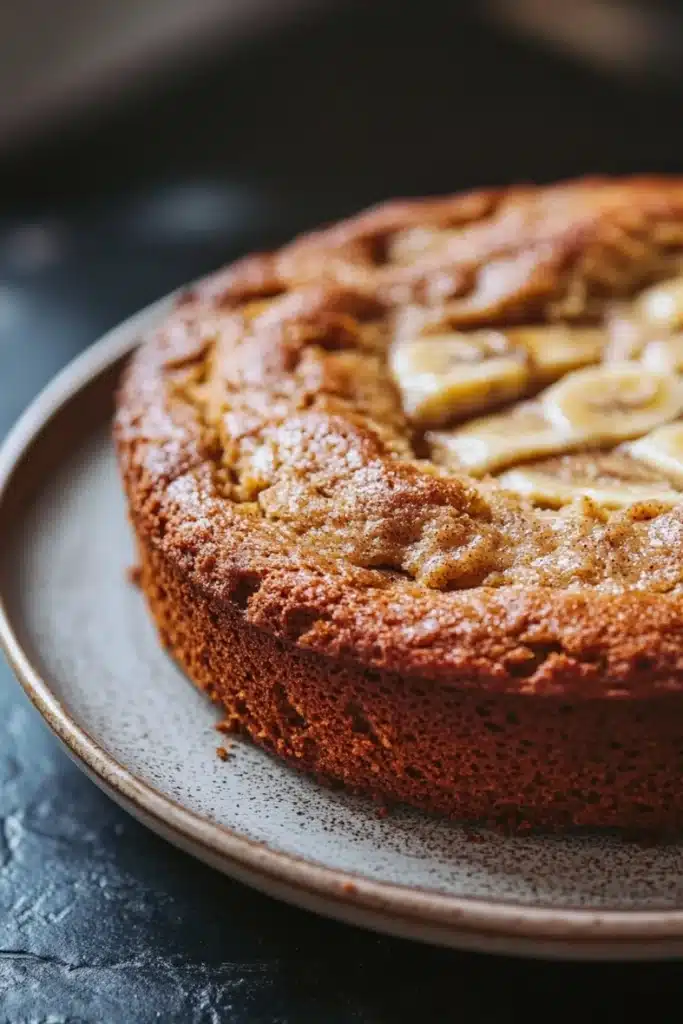 Banana cake in air fryer - the image is a close-up of a round cake on a silver plate. the cake appears to be freshly baked and has a golden brown crust on top. on top of the cake, there are sliced bananas arranged in a circular pattern. the bananas are cut into thin slices and are scattered across the cake. the plate is sitting on a dark grey countertop. the background is blurred, making the cake the focal point of the image.