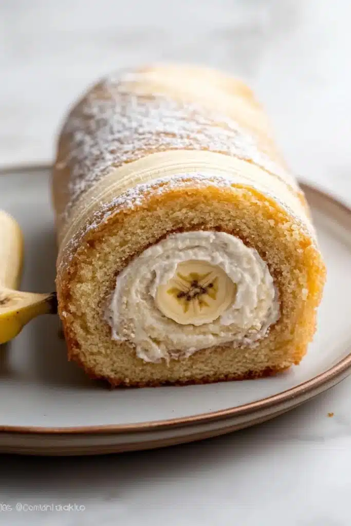 Banana cake roll - the image shows a slice of banana roll on a white plate. the roll is golden brown in color and has a crumbly texture. it is dusted with powdered sugar, giving it a shiny appearance. the center of the roll is filled with a creamy white filling, which appears to be a banana peel. on the left side of the plate, there is a whole banana, and on the right side, there are two whole bananas. the background is a plain white surface.