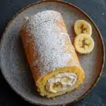 Banana cake roll - the image shows a round plate with a slice of banana cake on it. the cake is golden brown in color and has a flaky texture. it is dusted with powdered sugar, giving it a shiny appearance. on the right side of the plate, there are two sliced bananas, one whole and one cut in half. the plate is sitting on a dark grey textured surface.