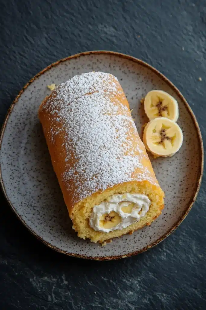 Banana cake roll - the image shows a round plate with a slice of banana cake on it. the cake is golden brown in color and has a flaky texture. it is dusted with powdered sugar, giving it a shiny appearance. on the right side of the plate, there are two sliced bananas, one whole and one cut in half. the plate is sitting on a dark grey textured surface.