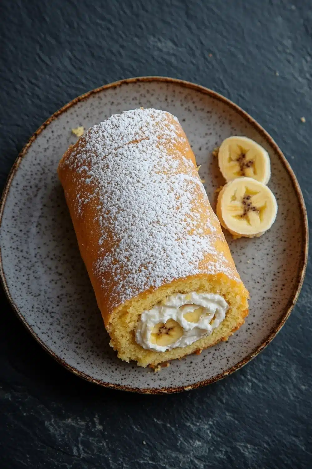 Banana cake roll - the image shows a round plate with a slice of banana cake on it. the cake is golden brown in color and has a flaky texture. it is dusted with powdered sugar, giving it a shiny appearance. on the right side of the plate, there are two sliced bananas, one whole and one cut in half. the plate is sitting on a dark grey textured surface.