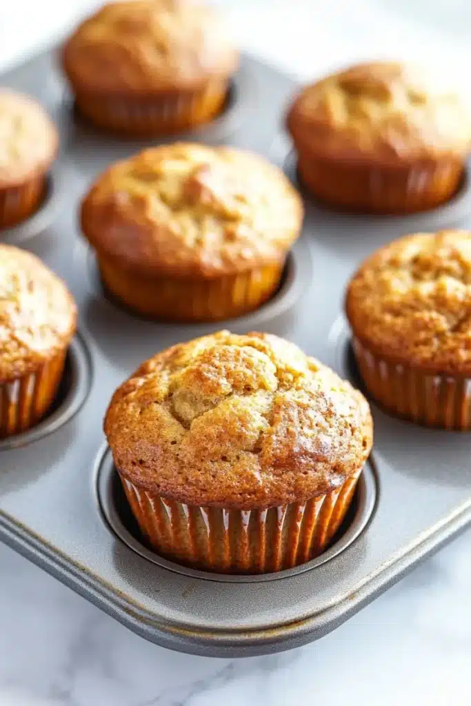 Banana muffin pictures - the image shows a muffin tin filled with freshly baked muffins. the muffins are golden brown in color and have a crumbly texture on top. they are arranged in a single layer in the tin, with some overlapping each other. the tin is placed on a white marble countertop. the background is blurred, but it appears to be a kitchen countertop with more muffins scattered around.