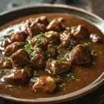 Beef chicken gravy - the image shows a plate of beef stew on a wooden table. the beef is cooked in a rich, dark brown sauce and is garnished with chopped parsley. the plate is made of metal and has a handle on one side. the background is blurred, but it appears to be a rustic wooden table with a few sprigs of parsley scattered around. the overall mood of the image is warm and inviting.