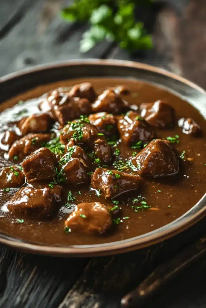Beef chicken gravy - the image shows a plate of beef stew on a wooden table. the beef is cooked in a rich, dark brown sauce and is garnished with chopped parsley. the plate is made of metal and has a handle on one side. the background is blurred, but it appears to be a rustic wooden table with a few sprigs of parsley scattered around. the overall mood of the image is warm and inviting.
