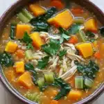 Butternut squash chicken quinoa soup - the image is a close-up of a bowl of soup. the soup appears to be a creamy orange color with chunks of orange and green vegetables mixed in. there are also chunks of white chicken and green onions scattered throughout the soup. on top of the soup, there is a sprig of fresh cilantro. the bowl is made of ceramic and is sitting on a wooden table. the background is blurred, making the soup the focal point of the image.