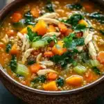 Butternut squash chicken quinoa soup - the image is a close-up of a bowl of soup. the soup appears to be a vegetable soup with chunks of chicken, carrots, celery, and other vegetables mixed in. the bowl is made of ceramic and is sitting on a wooden table. there are a few sprigs of parsley scattered around the bowl, adding a pop of green color to the dish. the background is blurred, making the bowl the focal point of the image.