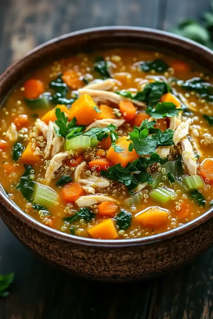 Butternut squash chicken quinoa soup - the image is a close-up of a bowl of soup. the soup appears to be a vegetable soup with chunks of chicken, carrots, celery, and other vegetables mixed in. the bowl is made of ceramic and is sitting on a wooden table. there are a few sprigs of parsley scattered around the bowl, adding a pop of green color to the dish. the background is blurred, making the bowl the focal point of the image.