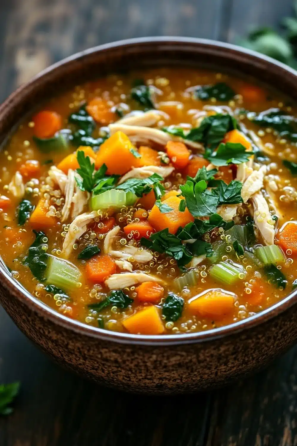 Butternut squash chicken quinoa soup - the image is a close-up of a bowl of soup. the soup appears to be a vegetable soup with chunks of chicken, carrots, celery, and other vegetables mixed in. the bowl is made of ceramic and is sitting on a wooden table. there are a few sprigs of parsley scattered around the bowl, adding a pop of green color to the dish. the background is blurred, making the bowl the focal point of the image.