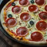 Cast iron skillet pizza - the image is of a pepperoni pizza in a black cast iron skillet. the pizza is round and has a golden brown crust. it is topped with slices of pepperoni, black olives, and melted cheese. the pepperoni is arranged in a circular pattern on top of the cheese, with some herbs scattered around. the skillet is sitting on a wooden cutting board. the background is blurred, but it appears to be a kitchen countertop.