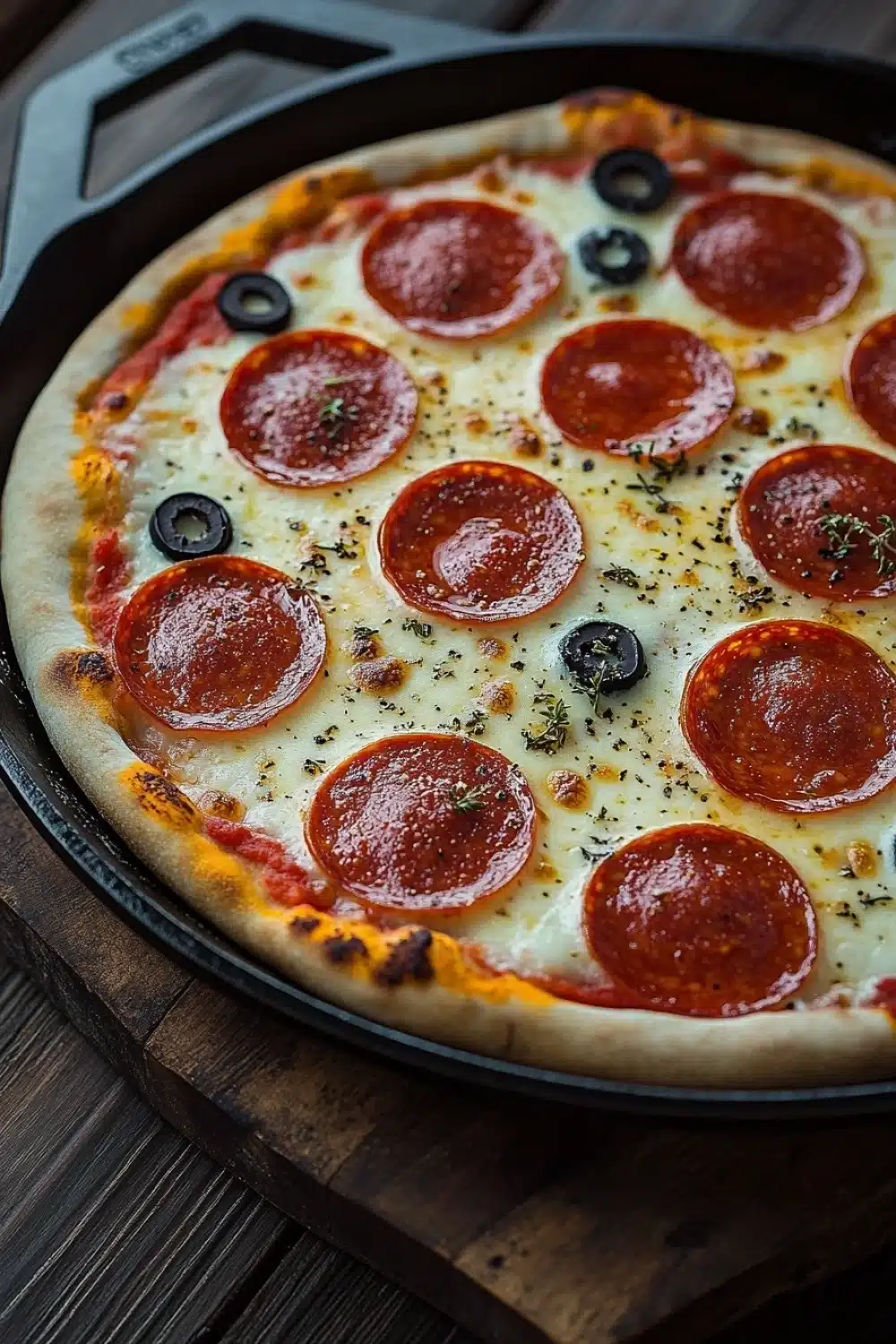 Cast iron skillet pizza - the image is of a pepperoni pizza in a black cast iron skillet. the pizza is round and has a golden brown crust. it is topped with slices of pepperoni, black olives, and melted cheese. the pepperoni is arranged in a circular pattern on top of the cheese, with some herbs scattered around. the skillet is sitting on a wooden cutting board. the background is blurred, but it appears to be a kitchen countertop.