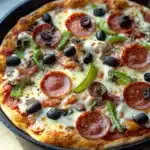 Cast iron skillet pizza - the image is of a pepperoni pizza in a black cast iron skillet. the pizza is round and has a golden brown crust. it is topped with melted cheese, sliced pepperoni, black olives, and green bell peppers. the pepperoni is arranged in a circular pattern on top of the cheese. the olives are scattered around the pepperoni and bell peppers, adding a pop of color to the dish. the skillet is sitting on a wooden cutting board.