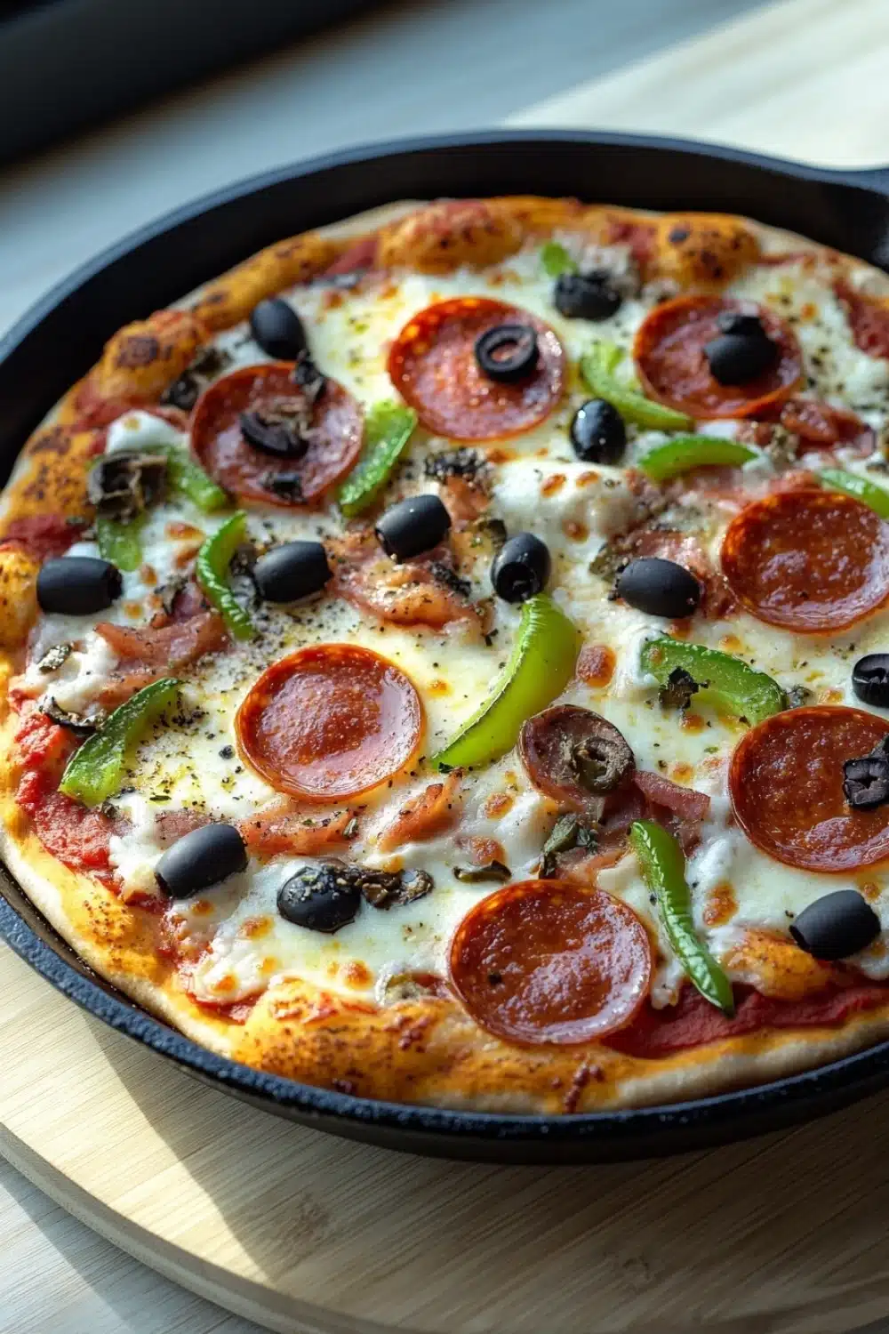 Cast iron skillet pizza - the image is of a pepperoni pizza in a black cast iron skillet. the pizza is round and has a golden brown crust. it is topped with melted cheese, sliced pepperoni, black olives, and green bell peppers. the pepperoni is arranged in a circular pattern on top of the cheese. the olives are scattered around the pepperoni and bell peppers, adding a pop of color to the dish. the skillet is sitting on a wooden cutting board.
