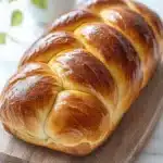 Challah bread - the image shows a freshly baked loaf of bread on a wooden cutting board. the bread is golden brown in color and has a braided design on top. it appears to be freshly baked and is sitting on a white marble countertop. in the background, there is a small potted plant with green leaves. the overall aesthetic of the image is rustic and homey.