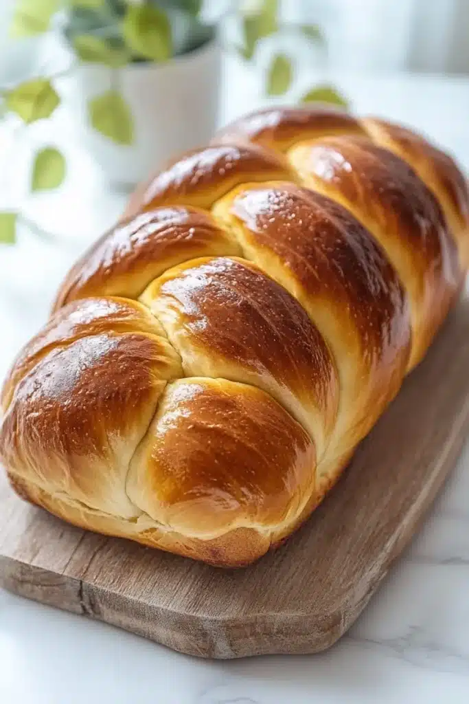 Challah bread - the image shows a freshly baked loaf of bread on a wooden cutting board. the bread is golden brown in color and has a braided design on top. it appears to be freshly baked and is sitting on a white marble countertop. in the background, there is a small potted plant with green leaves. the overall aesthetic of the image is rustic and homey.