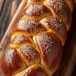 Challah bread - the image shows a long, braided bread on a wooden cutting board. the bread appears to be freshly baked and has a golden brown color. it is topped with sesame seeds, giving it a crunchy texture. the loaf is arranged in a neat and orderly manner, with the ends of the bread overlapping each other. the cutting board is placed on a rustic wooden table, and the background is blurred, making the bread the focal point of the image.