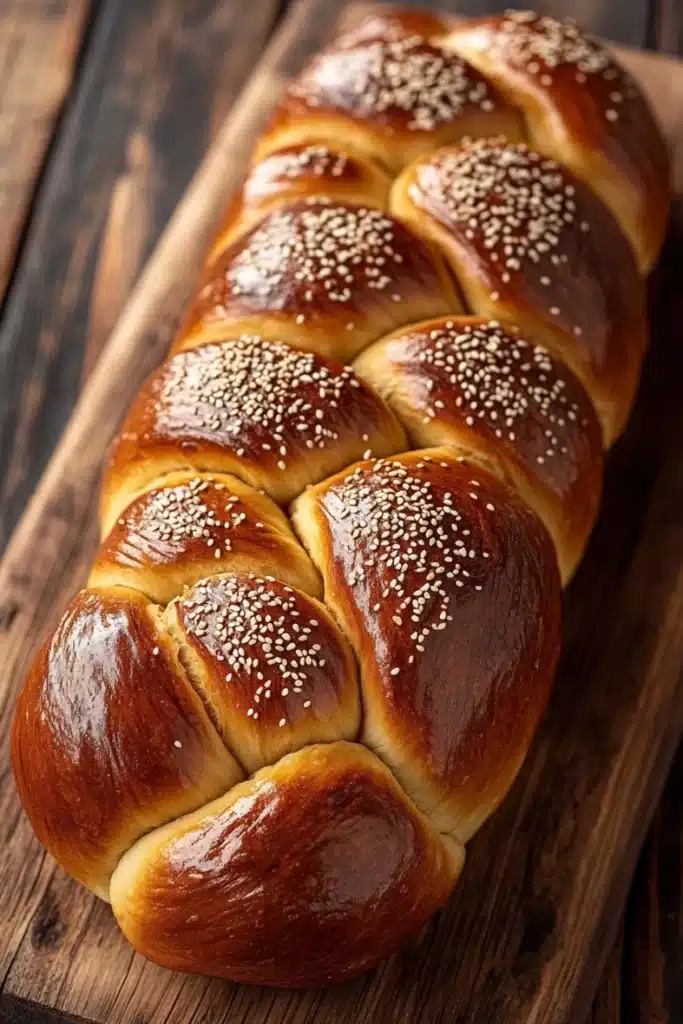 Challah bread - the image shows a long, braided bread on a wooden cutting board. the bread appears to be freshly baked and has a golden brown color. it is topped with sesame seeds, giving it a crunchy texture. the loaf is arranged in a neat and orderly manner, with the ends of the bread overlapping each other. the cutting board is placed on a rustic wooden table, and the background is blurred, making the bread the focal point of the image.