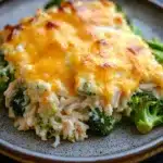 Cheesy chicken rice broccoli casserole - the image shows a plate of food with a casserole dish on it. the dish appears to be a type of chicken and broccoli casserolle, with a layer of melted cheese on top. the cheese is golden brown and bubbly, and it looks like it has been cooked until it is soft and fluffy. the broccoli is bright green and looks fresh and healthy. the plate is brown and has a speckled pattern around the edges. the background is dark, making the dish stand out.