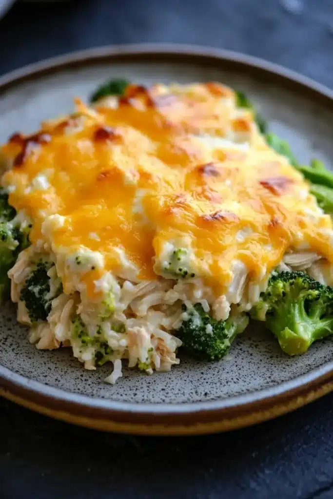 Cheesy chicken rice broccoli casserole - the image shows a plate of food with a casserole dish on it. the dish appears to be a type of chicken and broccoli casserolle, with a layer of melted cheese on top. the cheese is golden brown and bubbly, and it looks like it has been cooked until it is soft and fluffy. the broccoli is bright green and looks fresh and healthy. the plate is brown and has a speckled pattern around the edges. the background is dark, making the dish stand out.