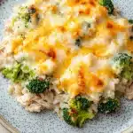 Cheesy chicken rice broccoli casserole - the image is a close-up of a plate of food. the plate is round and has a blue and white speckled pattern. on top of the plate, there is a layer of creamy white rice with chunks of chicken and broccoli scattered throughout. the chicken appears to be cooked and has melted cheese on top. the broccoli is bright green and looks fresh and vibrant. the dish looks appetizing and ready to eat.