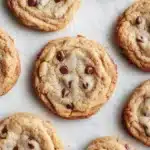 Chewy cookie dough - the image shows a group of freshly baked chocolate chip cookies on a white parchment paper. the cookies are round and golden brown in color, with chocolate chips scattered throughout. they are arranged in a scattered manner, with some overlapping each other. the background is blurred, but it appears to be a kitchen countertop.