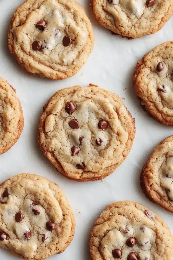Chewy cookie dough - the image shows a group of freshly baked chocolate chip cookies on a white parchment paper. the cookies are round and golden brown in color, with chocolate chips scattered throughout. they are arranged in a scattered manner, with some overlapping each other. the background is blurred, but it appears to be a kitchen countertop.