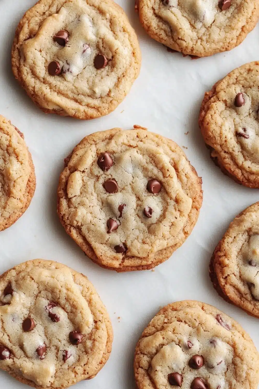 Chewy cookie dough - the image shows a group of freshly baked chocolate chip cookies on a white parchment paper. the cookies are round and golden brown in color, with chocolate chips scattered throughout. they are arranged in a scattered manner, with some overlapping each other. the background is blurred, but it appears to be a kitchen countertop.