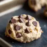 Chewy cookie dough - the image shows a single chocolate chip cookie on a black baking tray. the cookie is round and golden brown in color, with chocolate chips scattered throughout. the tray is lined with parchment paper, and there are a few more cookies visible in the background. the background is blurred, but it appears to be a kitchen countertop.